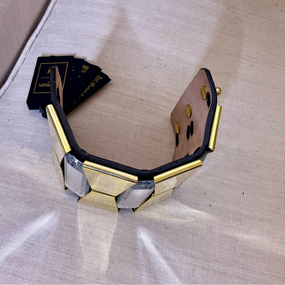 🖤 Balmain X H&M leather statement bracelet mirror gold tone suede rhinestone - Picture 6 of 13